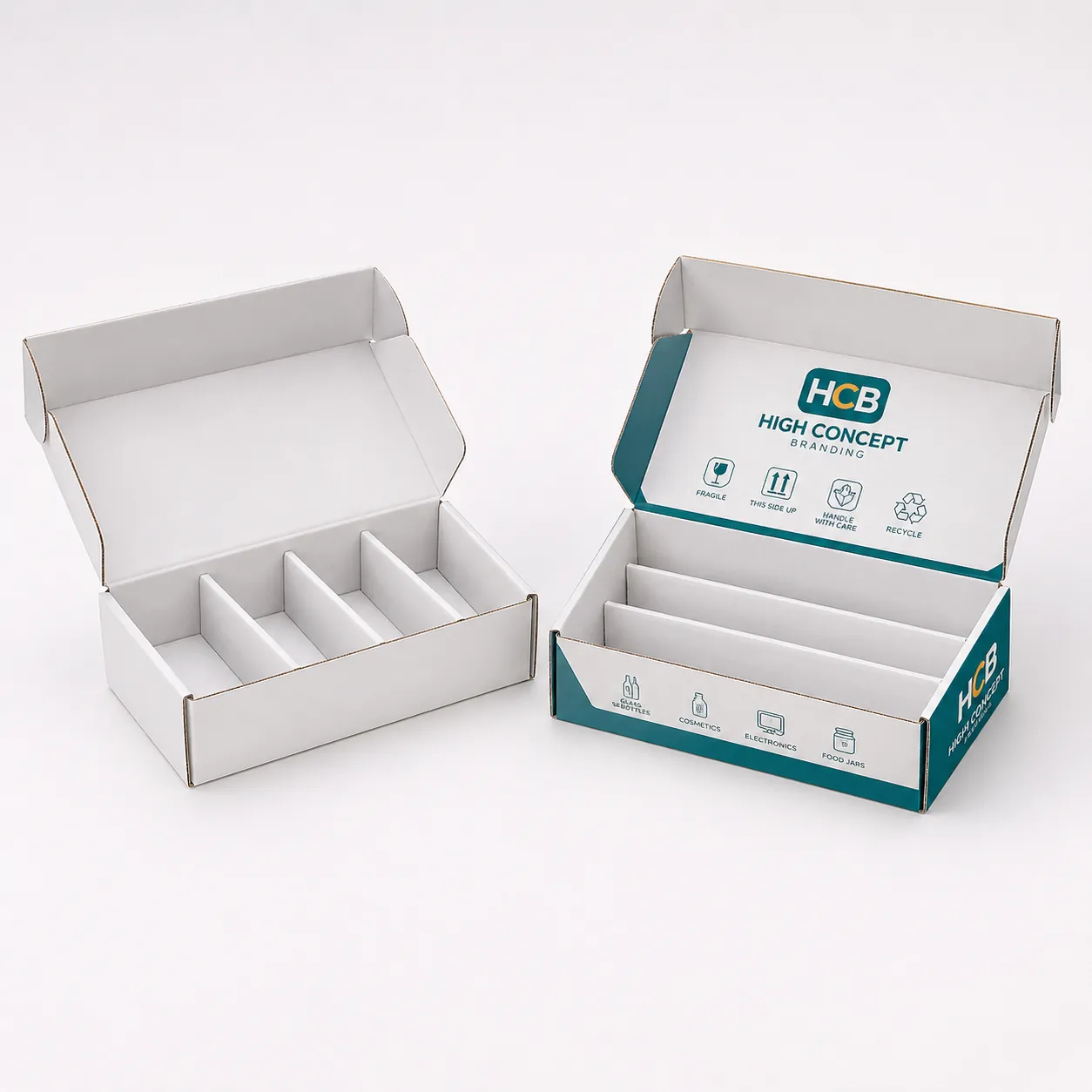 Two white mailer boxes with internal partitions and one showing professional branding with handling icons.